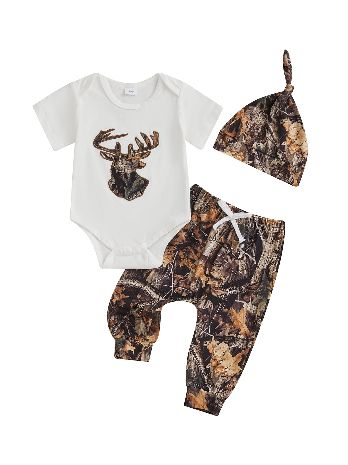 Baby Boys Summer Outfits Deer Antler Print Round Neck Short Sleeve Rompers Long Pants Hat 3pcs Clothes Set, for Outdoor