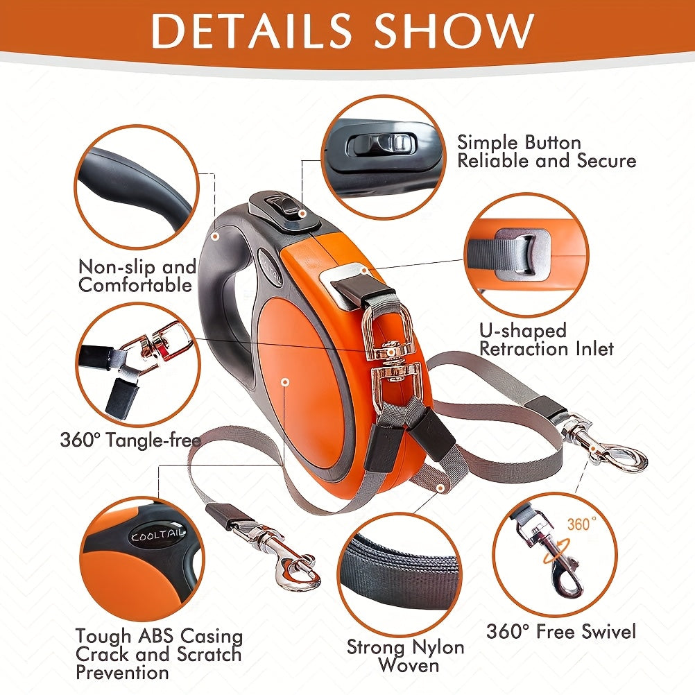 Dual Head Self Retracting Dog Leash for Two Dogs Weighing Up to 110 Lbs, Heavy Duty 16ft. Dual Head Flexible Retractable 360° Tangle Resistant One-Touch Locking Brake Dog Leash for Small Medium Large Dogs