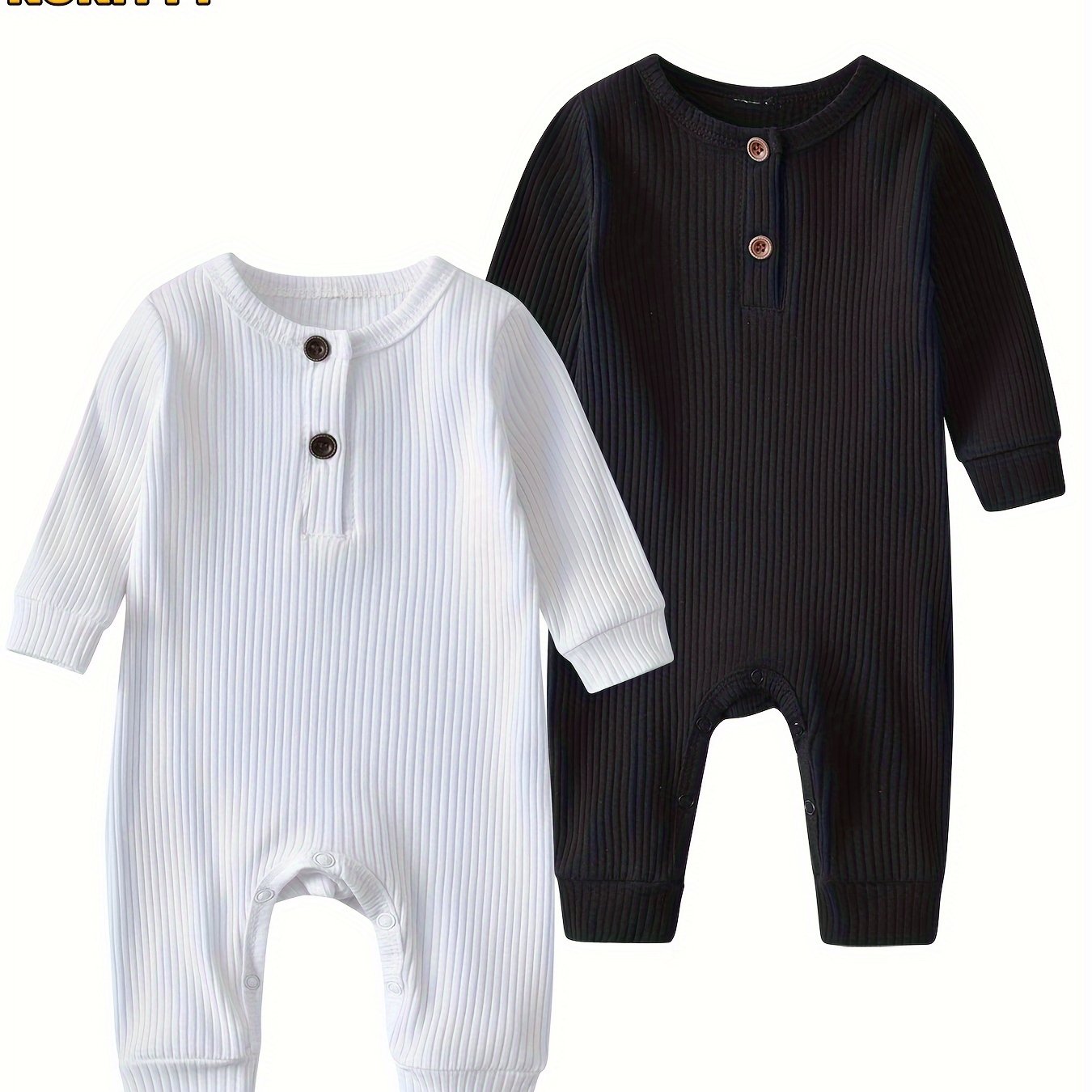 KuKitty Baby Boy Girl 2 Pcs Long Sleeve Solid Color Ribbed Romper Jumpsuit Outfits Clothes