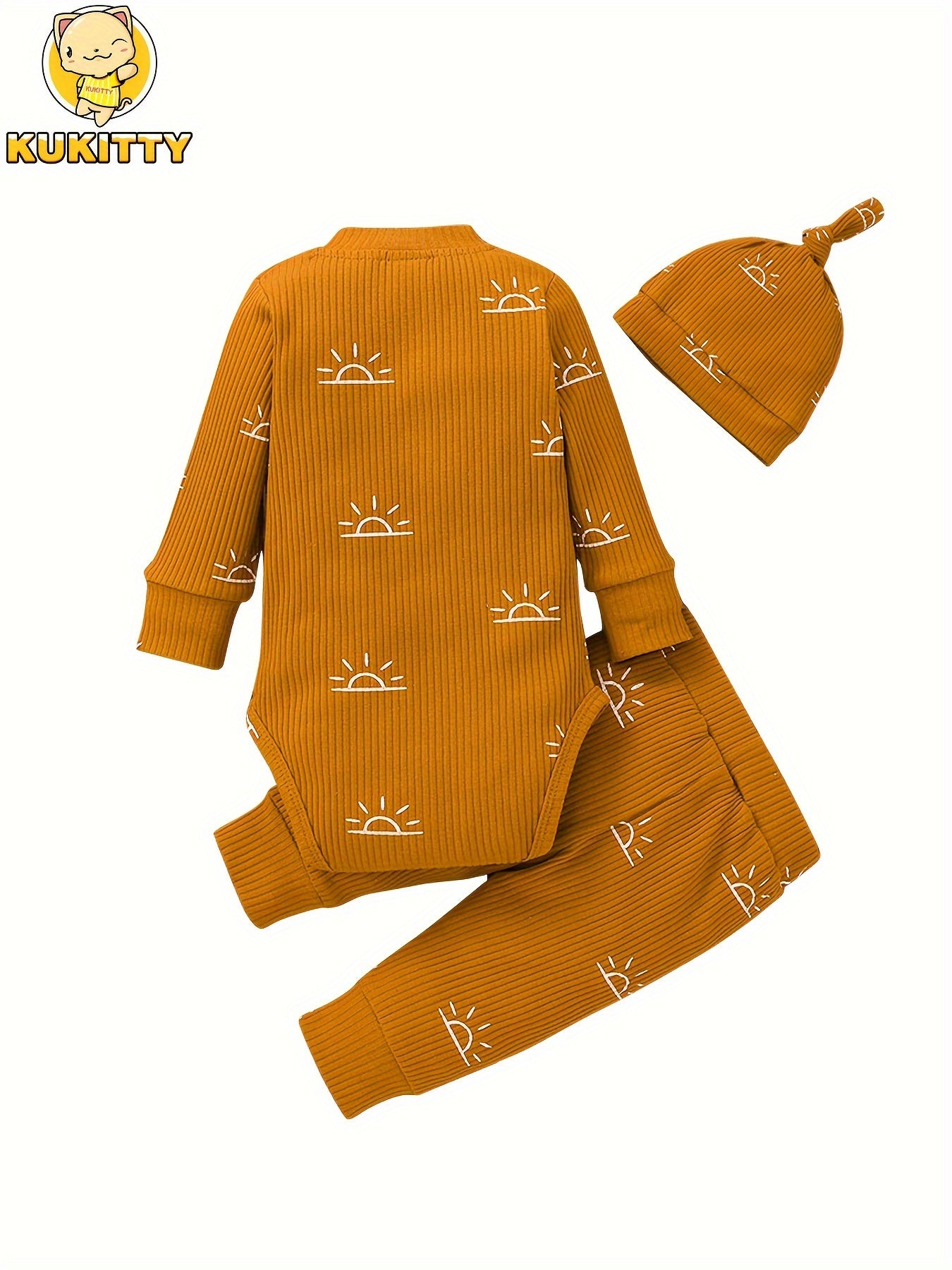 KuKitty Baby Boys Clothes Newborn Ribbed Long Sleeve Romper With Sun Pattern Pants Hat Outfits Set