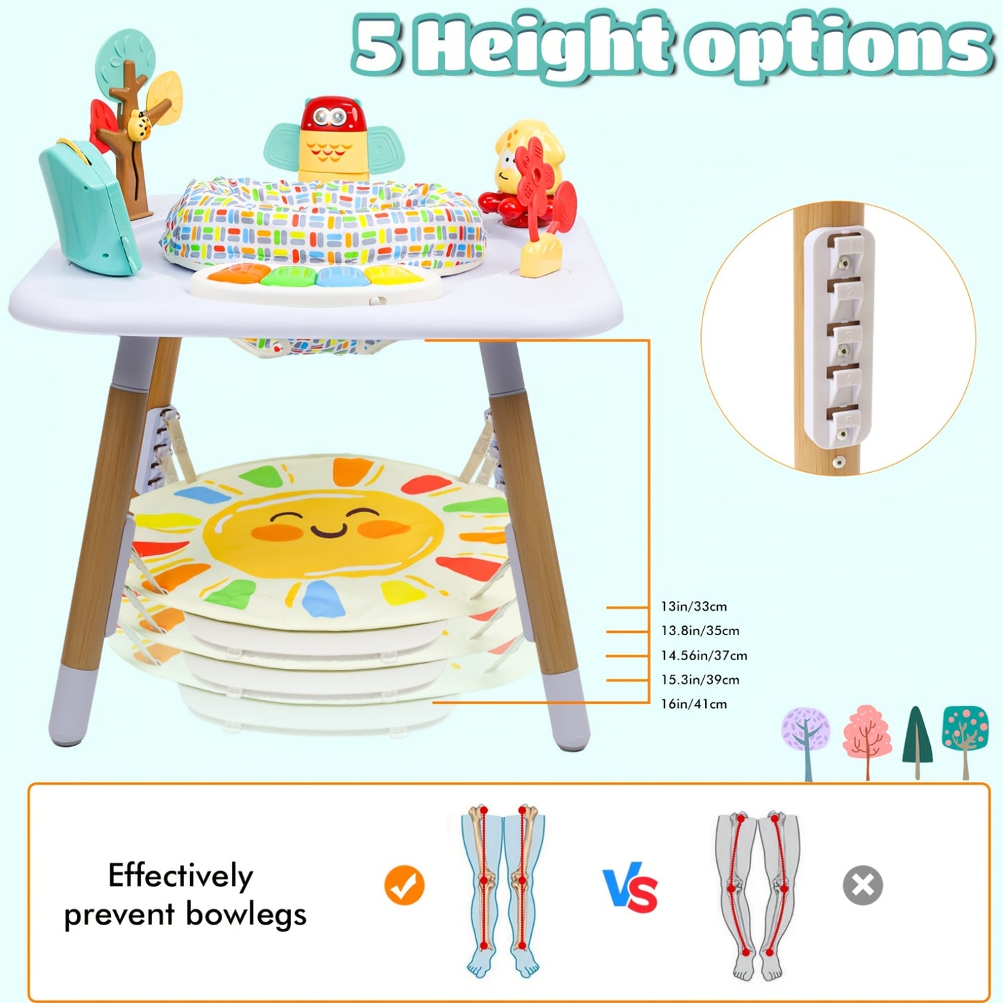 White Baby Activity Center With Five Interactive Toys Adjustable Height Levels Foldable Music Jumper Cushioned Surface