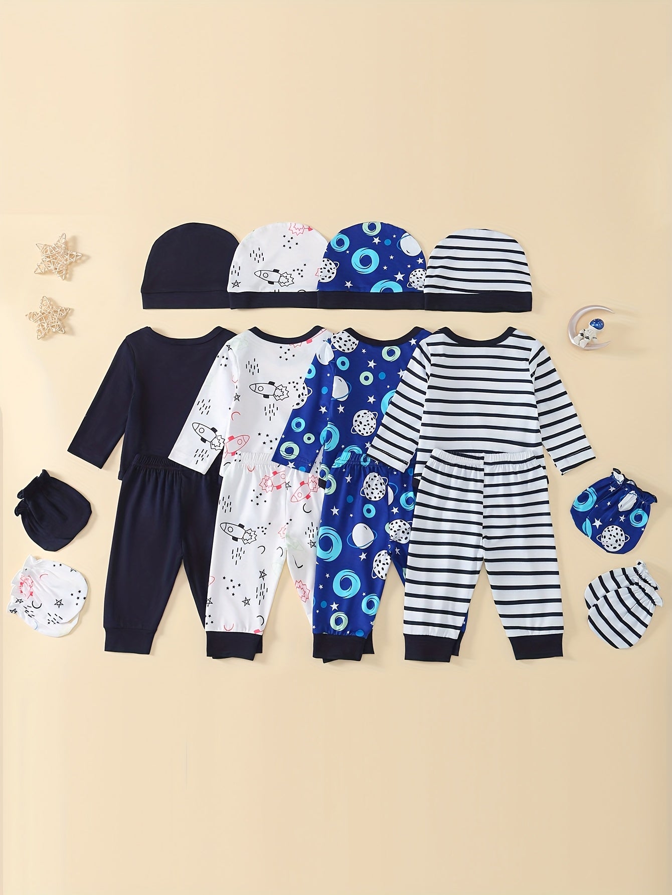Boys' 4pcs Outfit Set - Cute All-Season Knit Polyester With Spandex, Long Sleeve CrewNeck, All Over Print, Loose Fit With Matching Hat And Hand Claps, For Outdoor