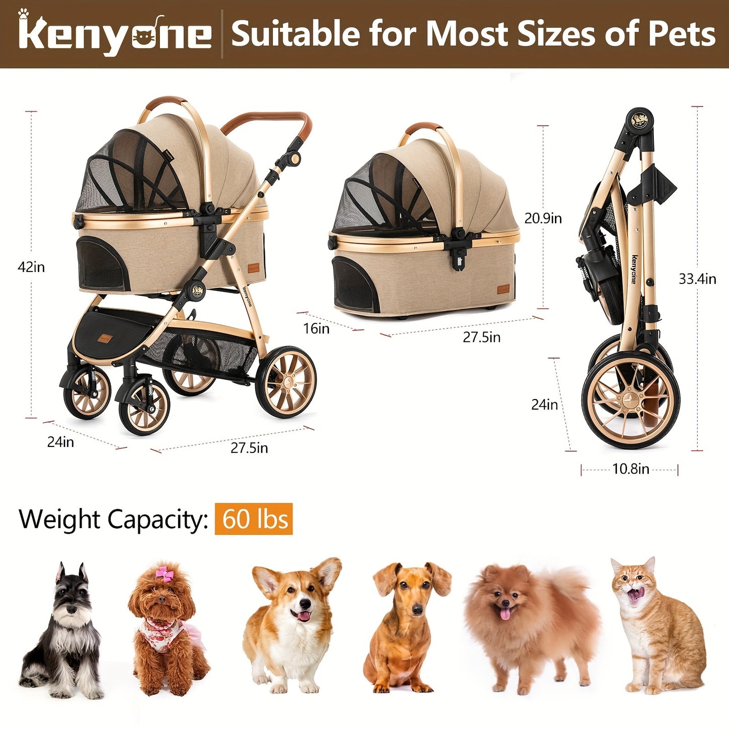 Kenyone Pet Stroller 3 in 1 for Medium & Small Dogs & Cats - Luxury Large Detachable Carrier for Puppy, Kitty, Doggie - Suitable for Walks, Travel & Outdoor Adventures - Ideal Gift for Pet Owners