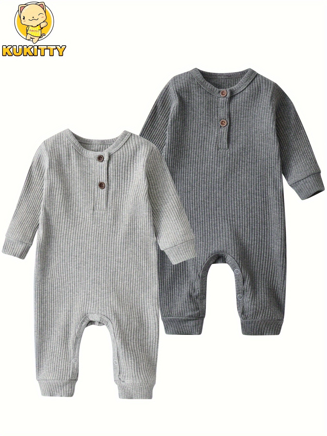KuKitty Baby Boy Girl 2 Pcs Long Sleeve Solid Color Ribbed Romper Jumpsuit Outfits Clothes