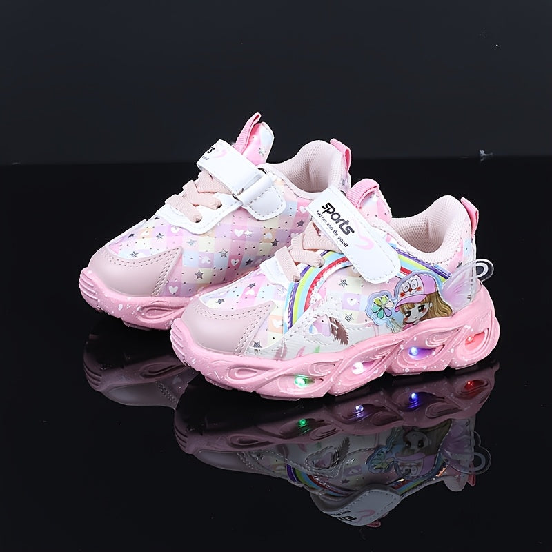 Girls Cute Cartoon Print LED Running Shoes for Toddlers and Youngsters Light Up Sports Shoes