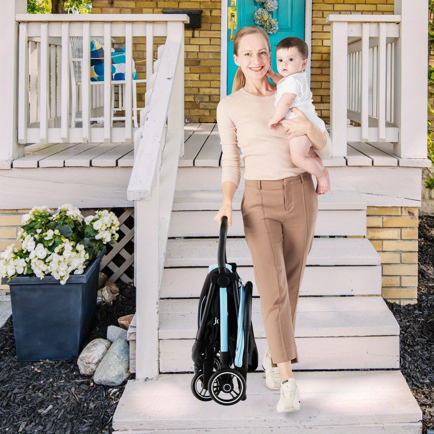 LIFEFZEAL One-Hand Fold Portable Stroller - Aluminum Frame, Adjustable Canopy, Shock-Absorbing Wheels - Available in Blue, Gray, Black, Pink