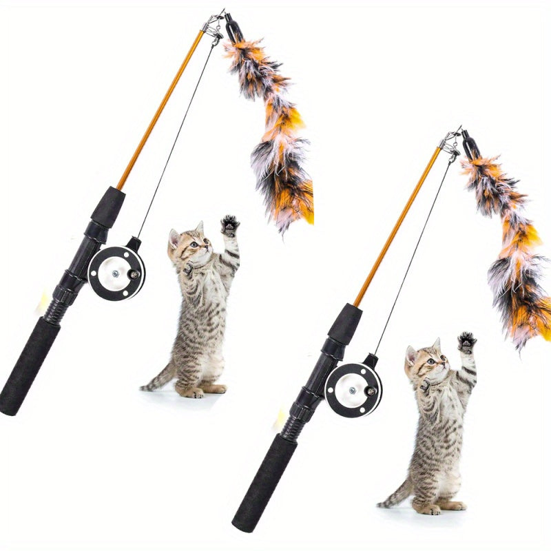 2pcs Retractable Cat Toy Fishing Rod with Feathers Telescoping Design for Interactive Play