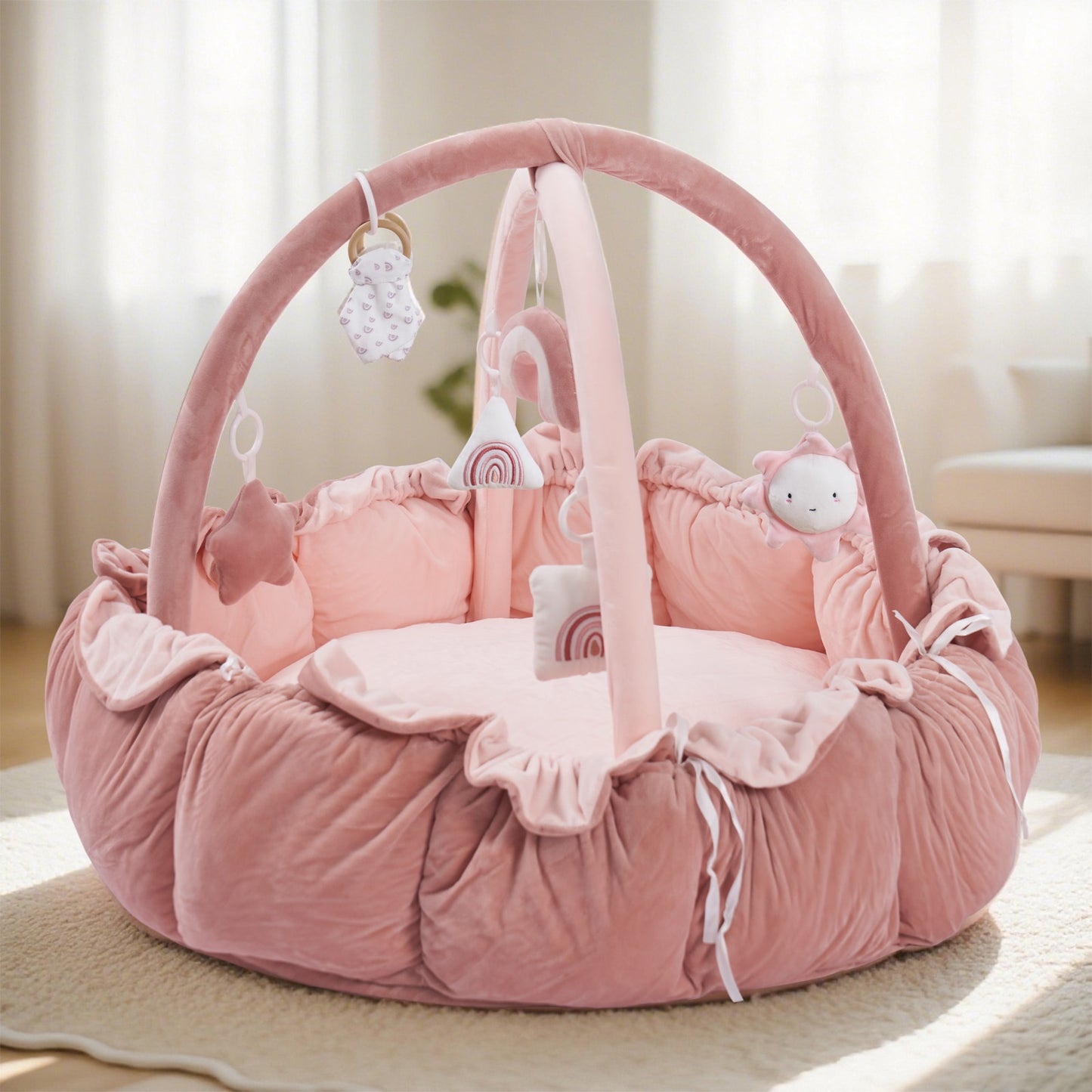 Cloudico 5 In 1 Thick Plush Baby Play Gym With Tummy Time Mat And 6 Toys From Baby To Toddler Ball Pit Pet Cushion