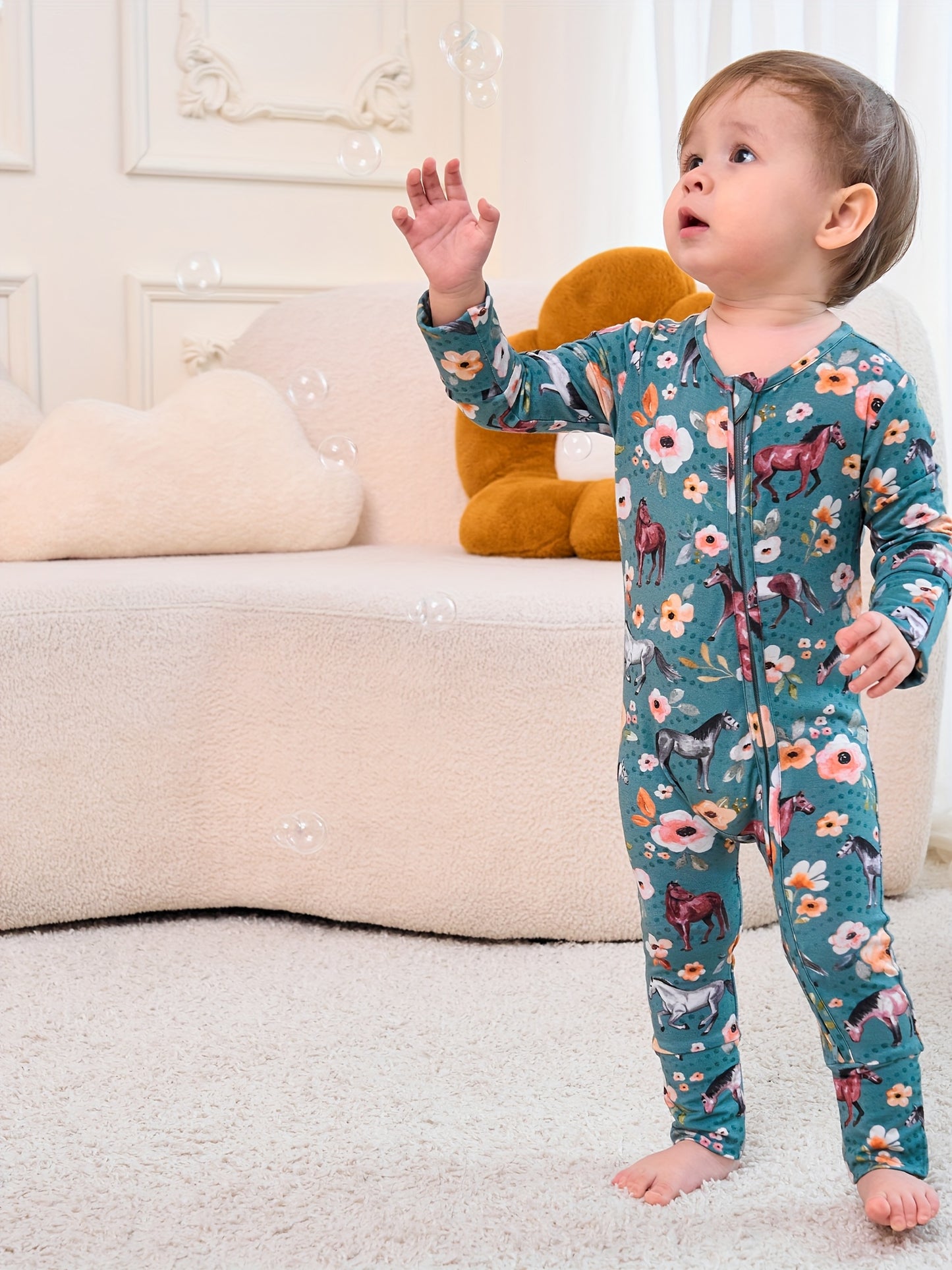 Ship From US, POSHTOT Mustang Print Bamboo Fiber Breathable Bamboo Fiber Baby Long Sleeve Pants Tights. Comfortable Fit, Cute, Baby Two-way Zip-up Onesie with Folding Feet And Mittens for Ages 0-2. Casual Outdoor Jumpsuit for