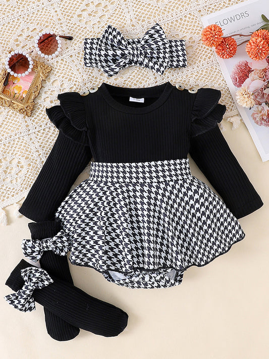 Baby Girl Spring Outfits Long Sleeve Houndstooth Print Romper Dress with Headband and Long Socks