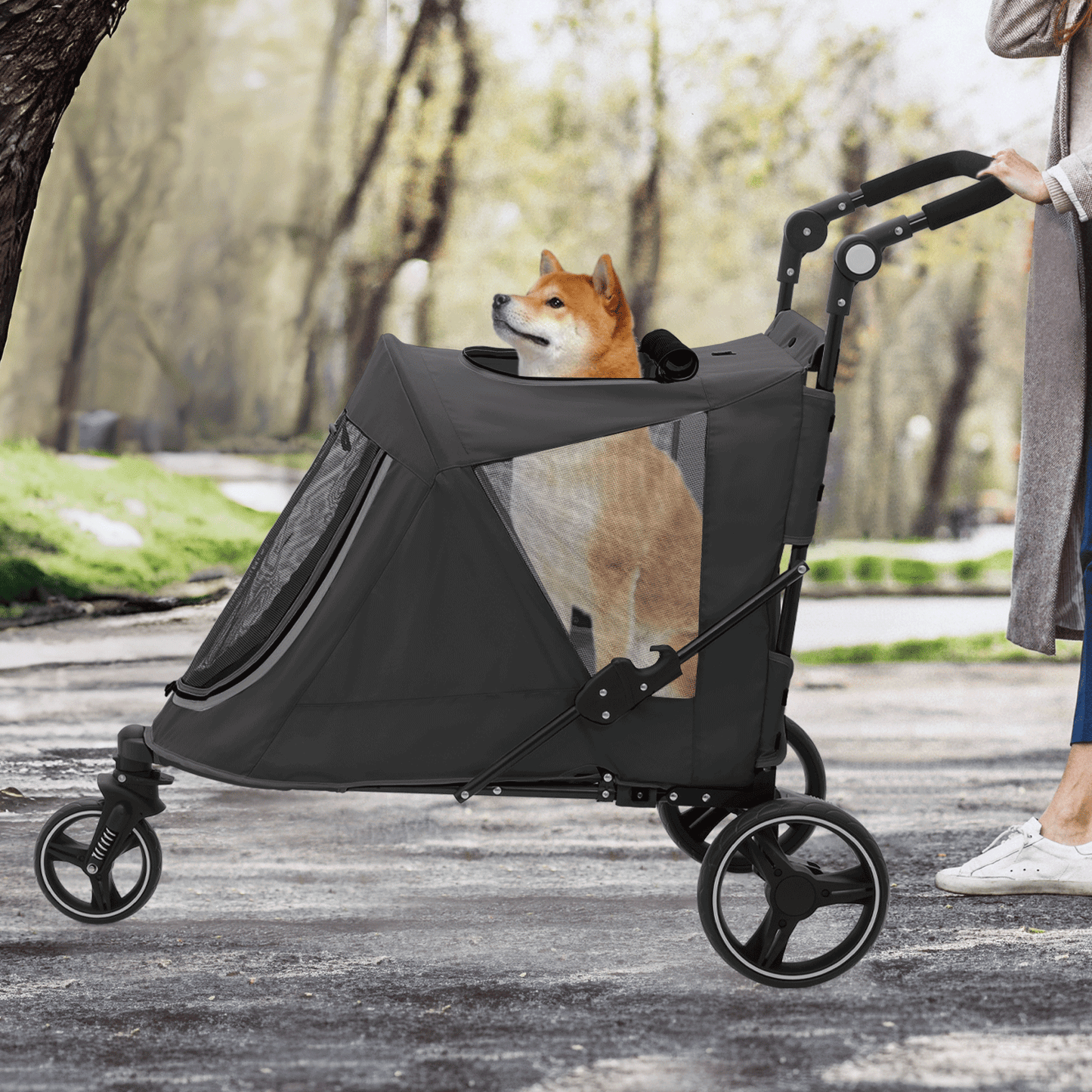 MoNiBloom Pet Stroller for Large Dogs or Multiple Dogs Cats with Adjustable Handle, 3-Wheels Dual Entry Portable Dog Carting Easy Folding Pet Wagon Double Dog Stroller