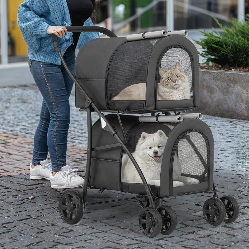 Double Dog Stroller with Detachable Carrier Bags Large 4 Wheels Foldable Jogger for Small and Medium Dog Cats
