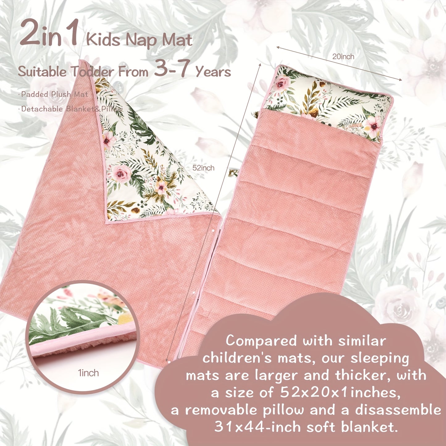 Floral Print Nap Mat for Kids with Roll-Up Design Soft and Washable Perfect for Travel