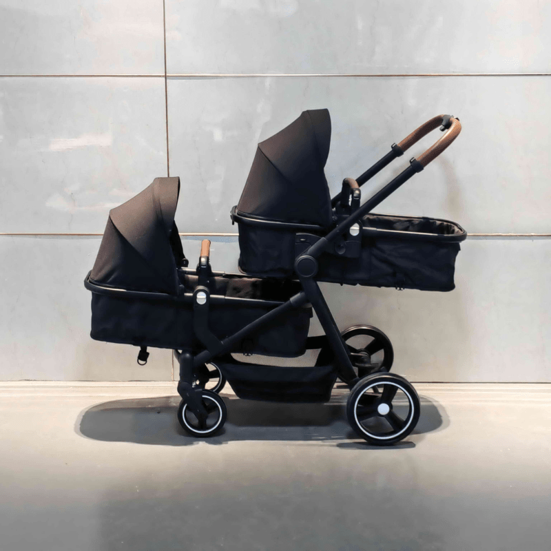 Double Stroller Track Tandem Stroller With Sunshade and Storage Basket Black
