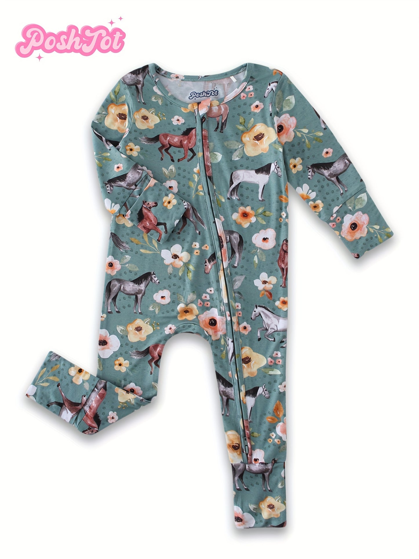 Ship From US, POSHTOT Mustang Print Bamboo Fiber Breathable Bamboo Fiber Baby Long Sleeve Pants Tights. Comfortable Fit, Cute, Baby Two-way Zip-up Onesie with Folding Feet And Mittens for Ages 0-2. Casual Outdoor Jumpsuit for