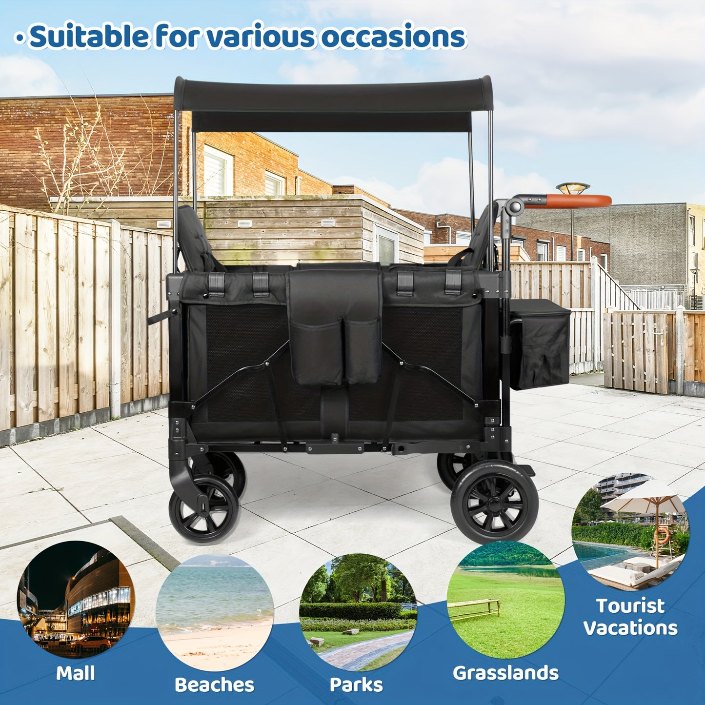 Luxury Comfort Stroller Wagon | Foldable 2 Passenger Double Seater With Adjustable Canopy | Black