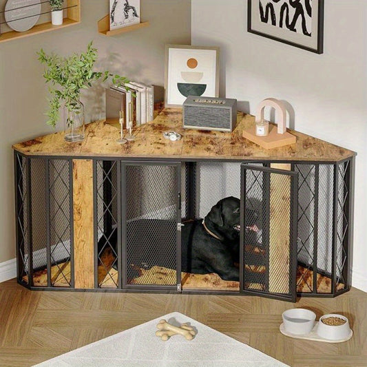 Stylish 66 Inch Corner Dog Crate Large Decorative Wood Kennel for Small to Large Dogs