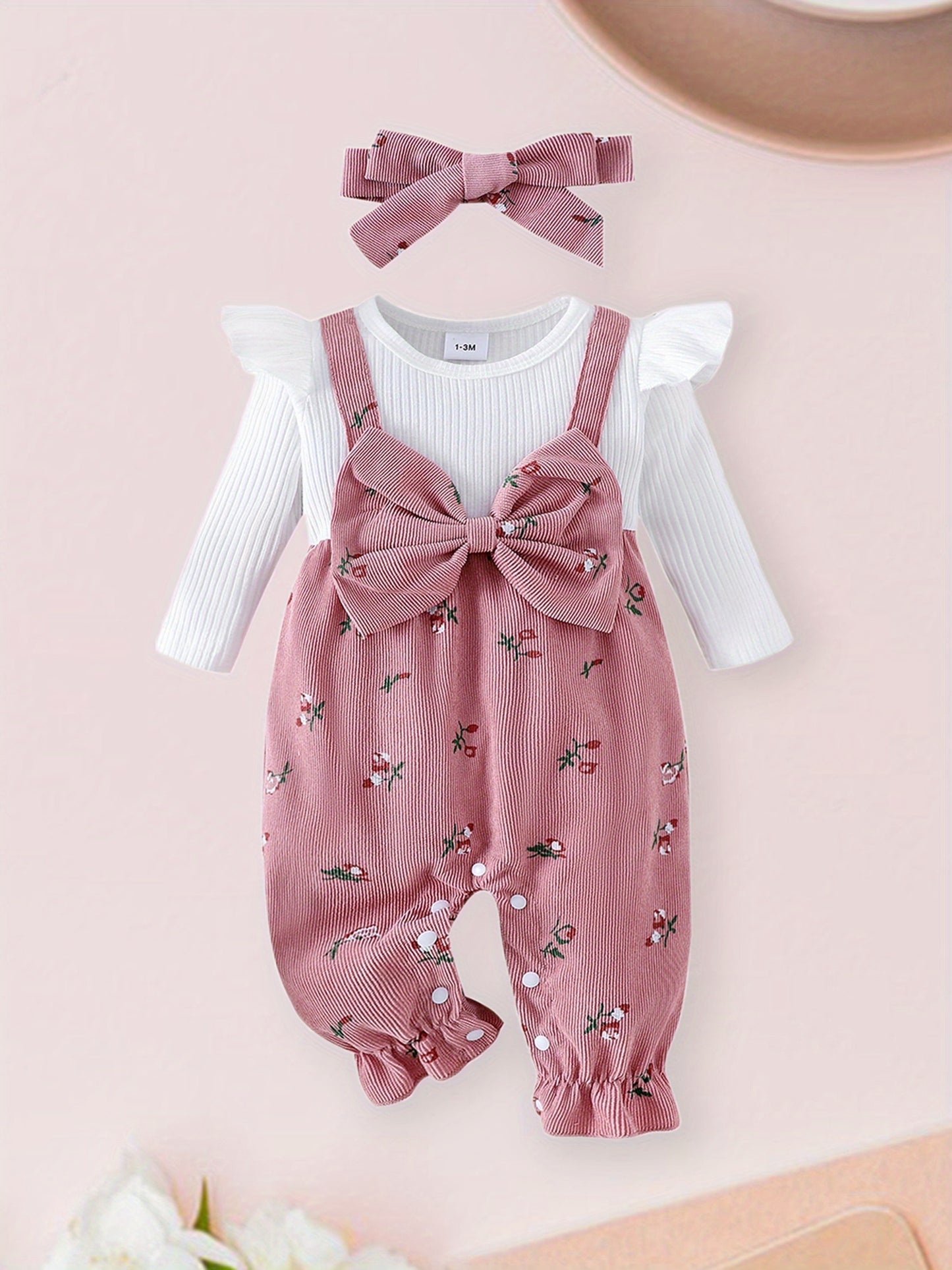 Floral Print Baby Romper Set Two Piece With Bow Headband