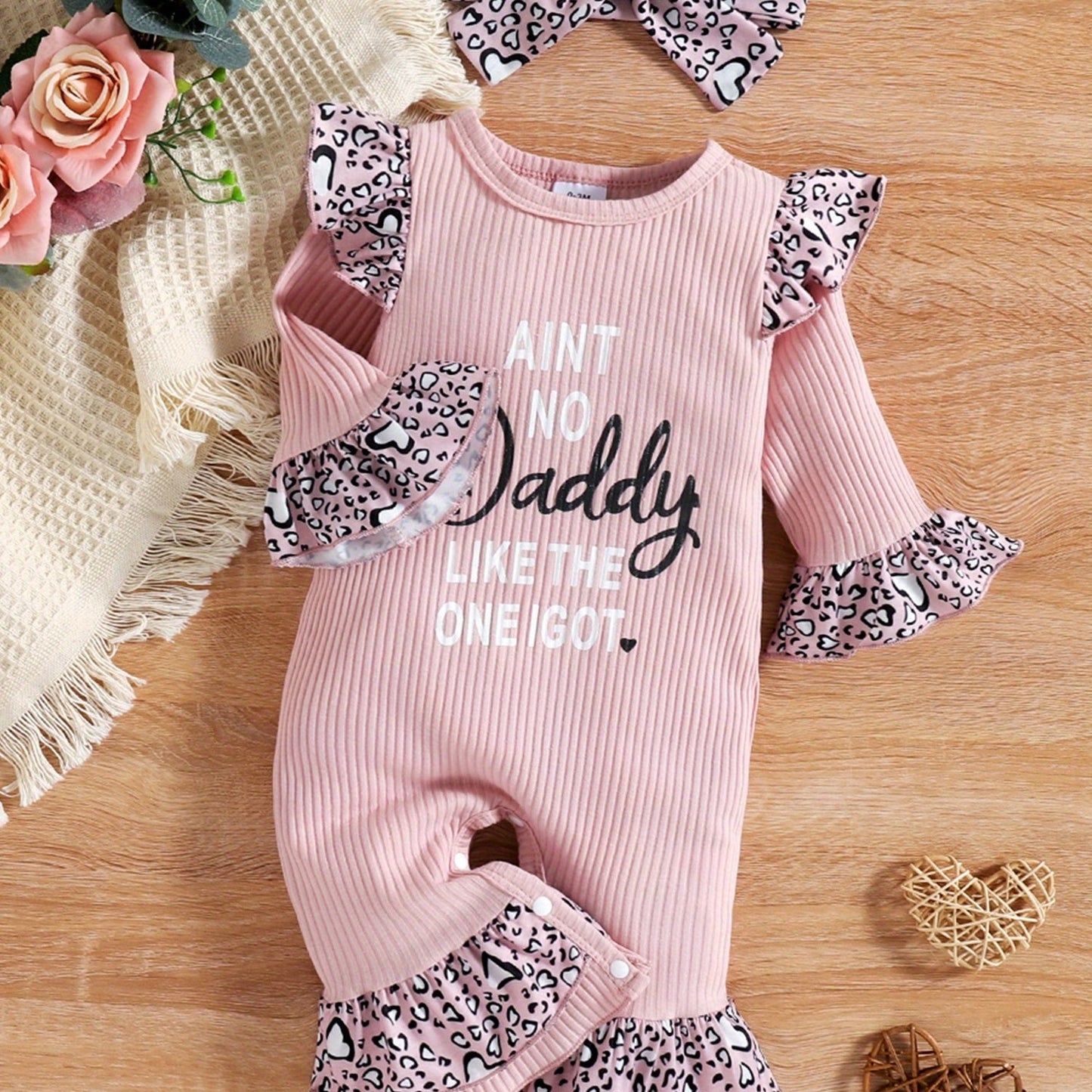 Leopard Print Infant Girl Jumpsuit With Headband 2pc Set