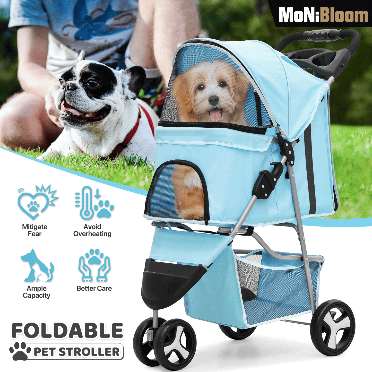 MoNiBloom Foldable Dog Strollers for Small Dogs with Weather Cover, 3 Wheels Pet Strolling Cart for Dogs and Cats with Storage Basket and Cup Holder, Breathable and Visible Mesh for All-Season