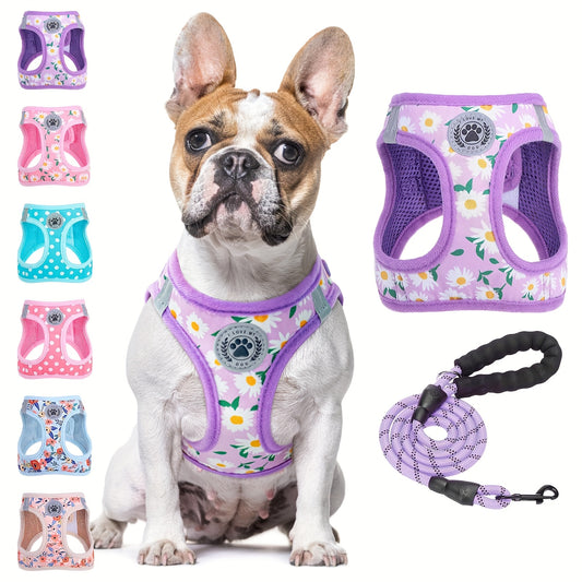 Floral Pattern Reflective Dog Harness and Leash Set for All Breeds with Soft Padded Vest