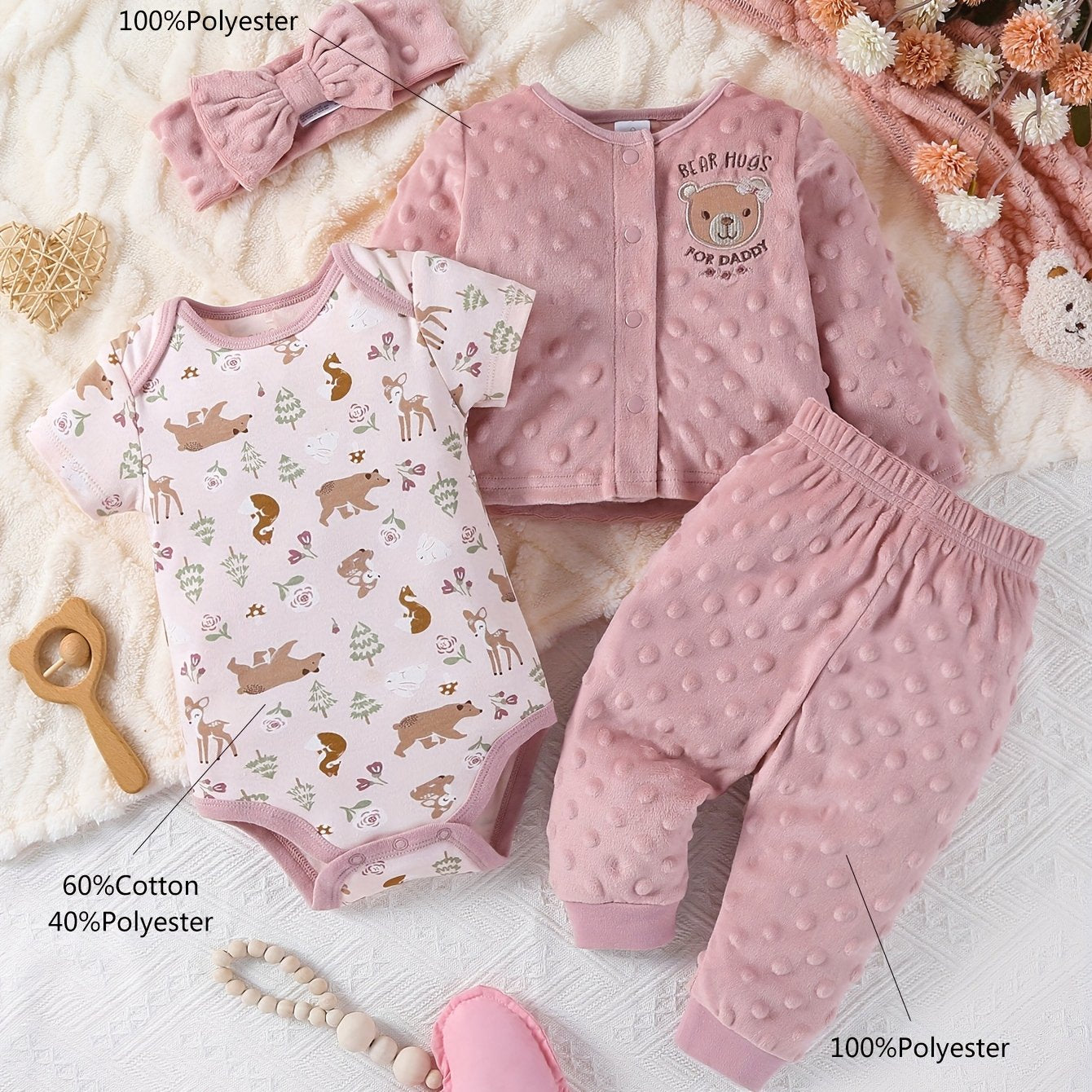 Autumn Winter Velvet Bear Style Baby Girl Jumpsuit Set