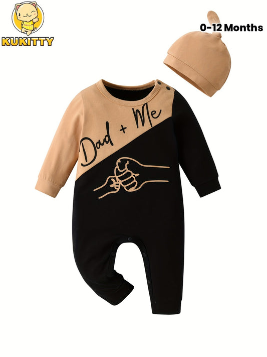 KuKitty Dad and Me Print Newborn Baby Boy Romper with Hat Long Sleeve Jumpsuit Outdoor