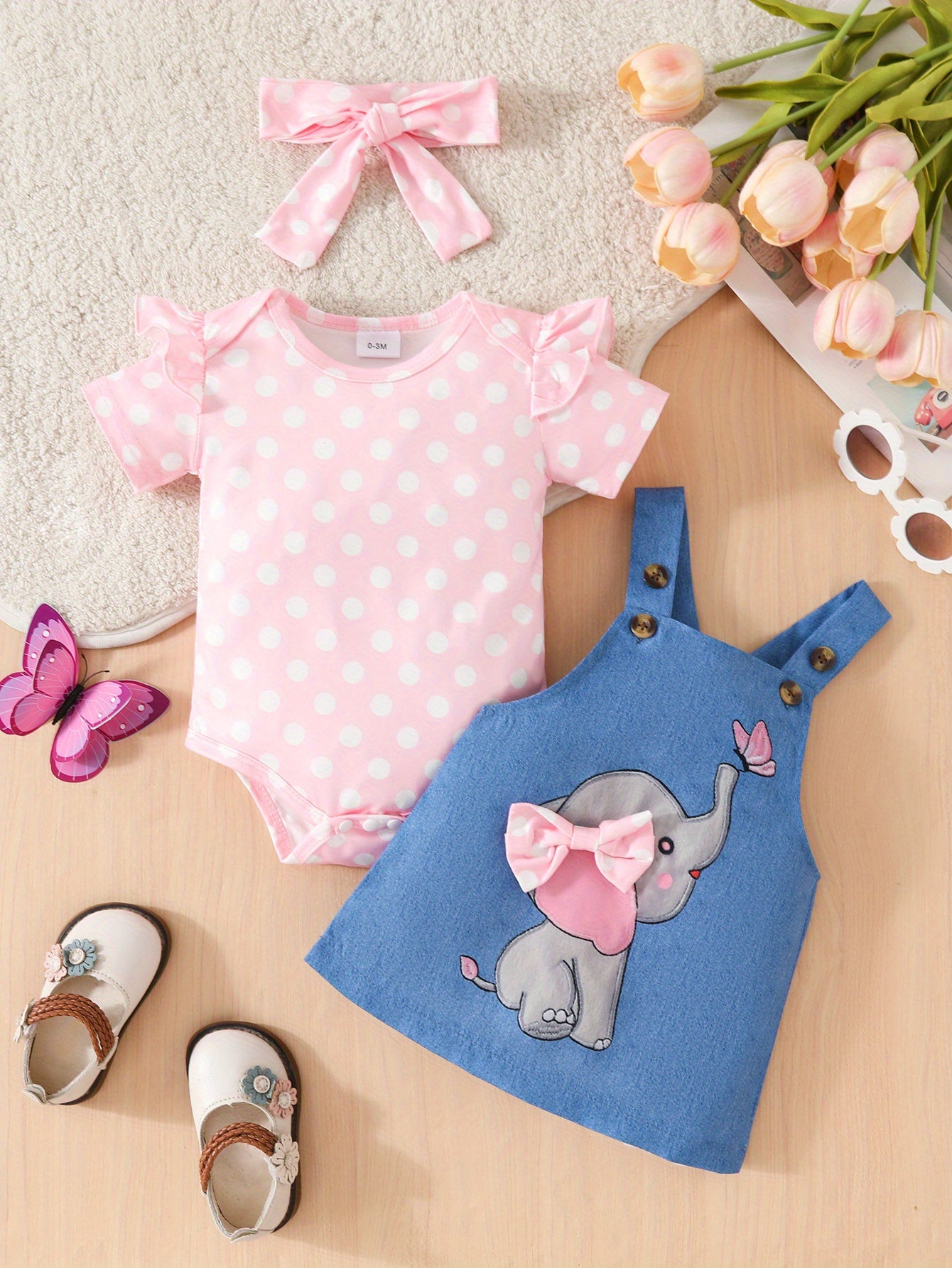 Baby Girl Elephant Skirt Set Romper With Suspender Skirt