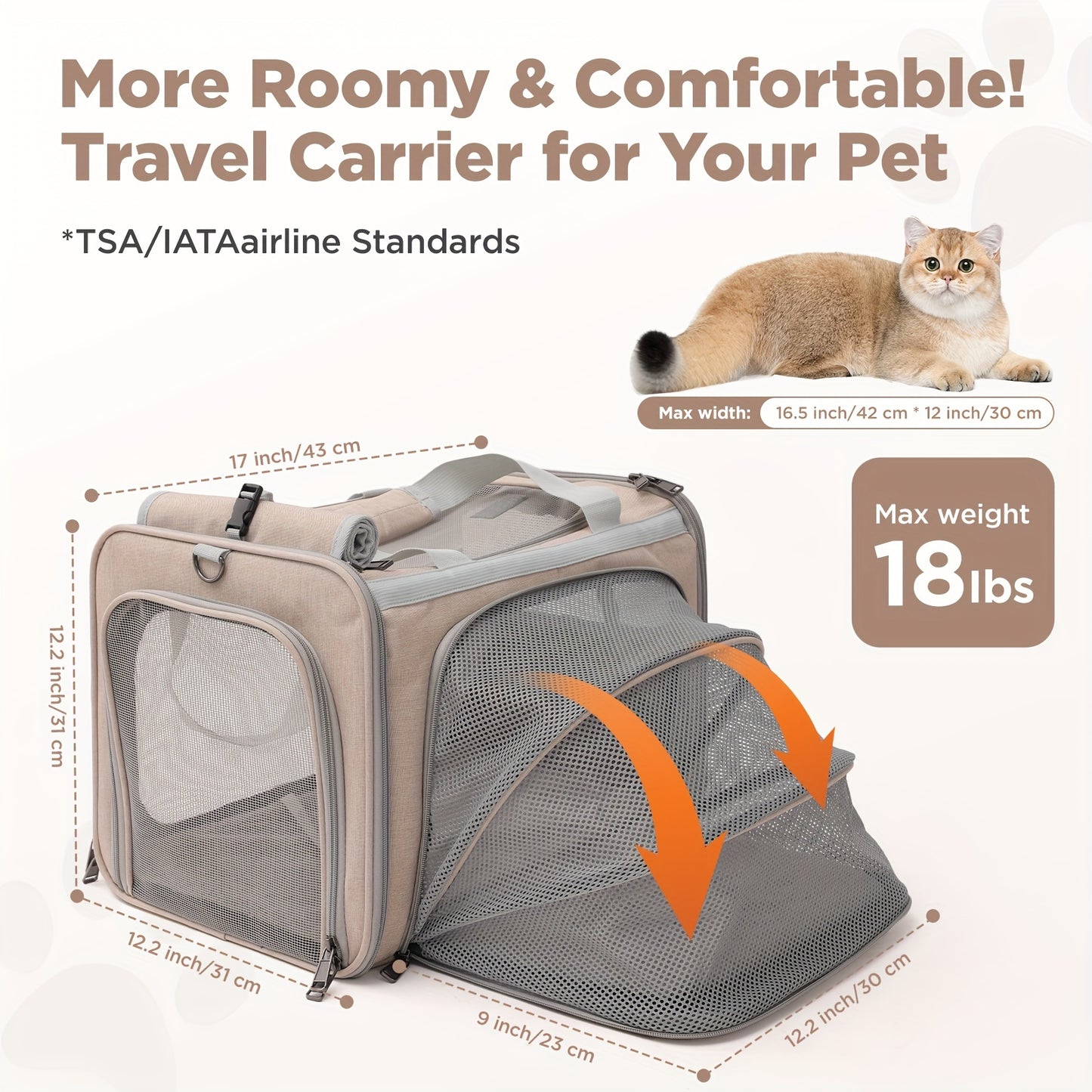 Airline Approved Expandable Soft Sided Pet Carrier for Cats Dogs and Bunnies in Khaki