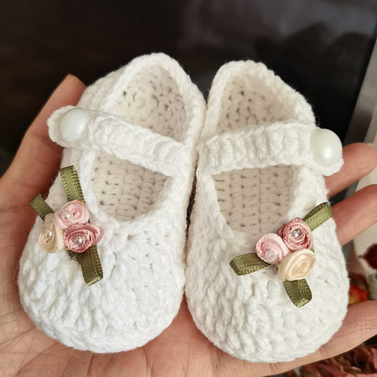 Handcrafted Baby Girls' Toddler Shoes | Vintage Floral Design with Pearl & Flower Embellishments | Soft Sole Walking Footwear for Newborns | Breathable Fabric | All-Season Comfort | Ideal for Casual Wear
