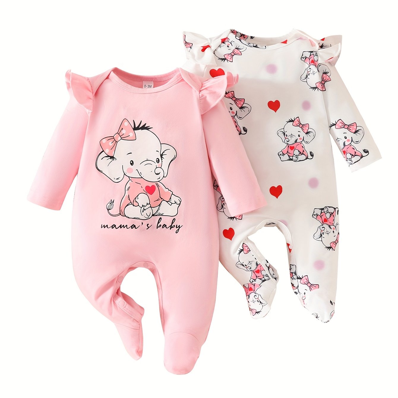 2pcs Newborn Baby Girls Romper Elephant Print Long Sleeve Ruffle Footed Jumpsuit Infant Outfits