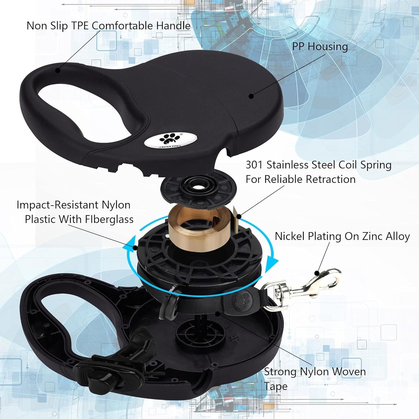 4pcs, Retractable Dog Leash Heavy Duty for Large Dogs(110lbs), Tangl Free Nylon Tape, Black