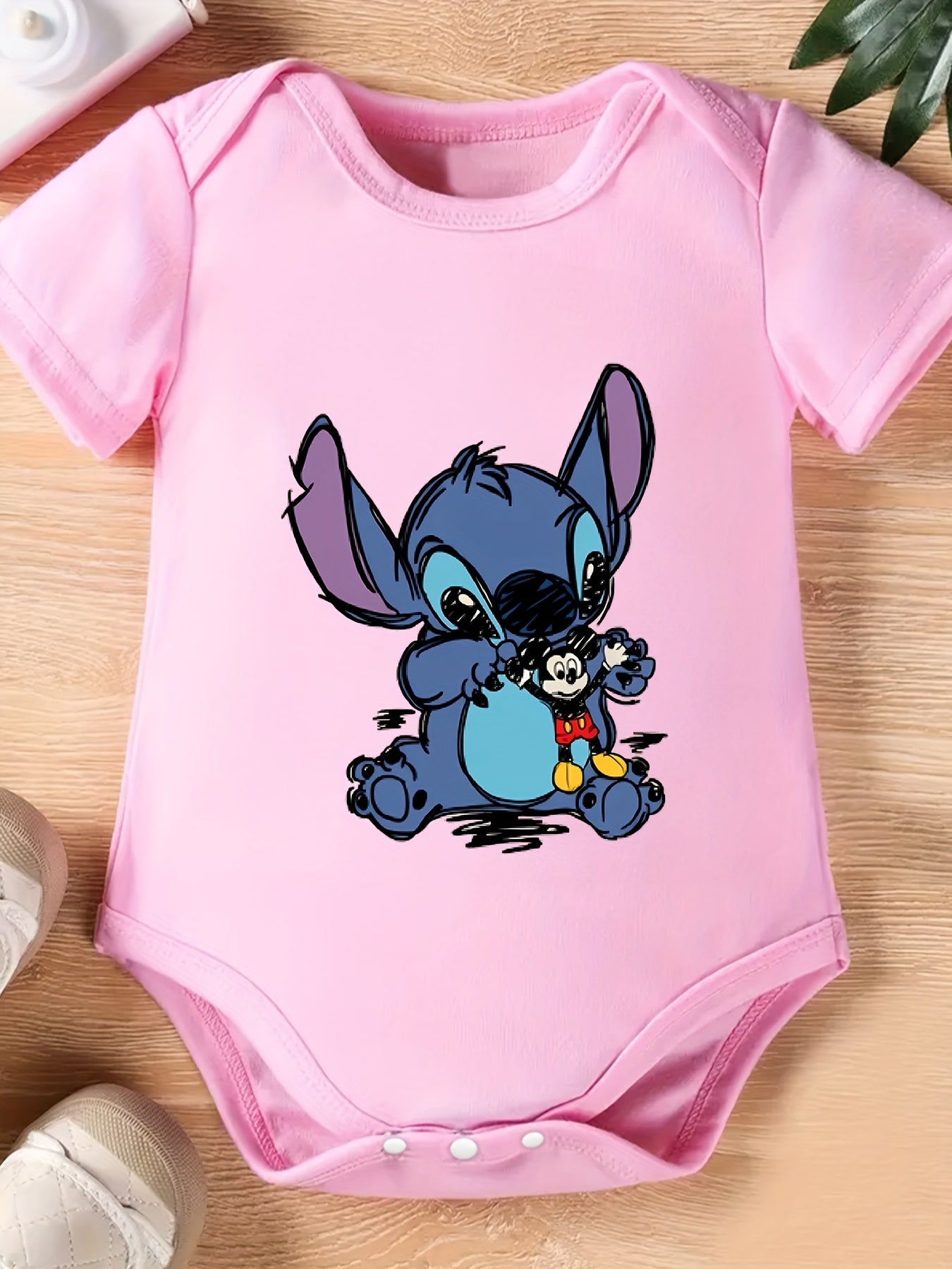 Disney Stitch Baby Onesie Soft Pink Cartoon Print Romper for All-Season Comfort