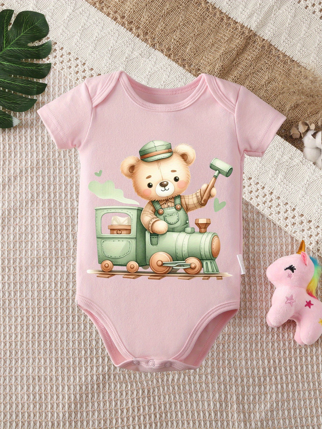 Cute Cartoon Bear Print Short Sleeve Romper for Babies 0-12 Months Soft Cotton Unisex
