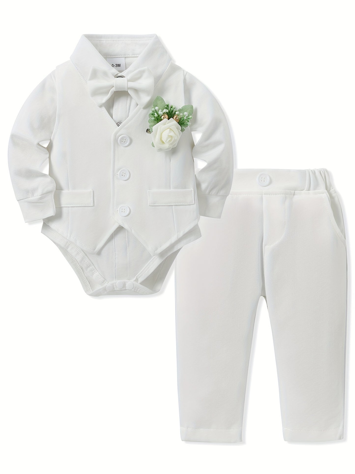 5pcs Baby Boy Long Sleeve Gentleman Suit Baby Boy Holiday Party Wedding Dress Suit One-Piece Shirt, Vest, Trousers, Bowtie, Corsage 0.0-78.74ft Soft And Comfortable Cotton Toddler Clothing