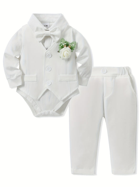 5pcs Baby Boy Long Sleeve Gentleman Suit Baby Boy Holiday Party Wedding Dress Suit One-Piece Shirt, Vest, Trousers, Bowtie, Corsage 0.0-78.74ft Soft And Comfortable Cotton Toddler Clothing