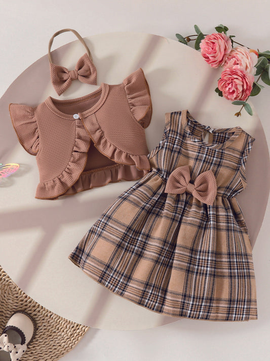 Toddler Girl Plaid Dress Set with Bow Decor and Ruffle Sleeves for Spring Summer Fun