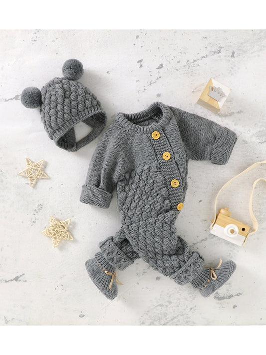 Infant Baby Winter Knit Romper Bear Hat 2pc Set Long Sleeve
