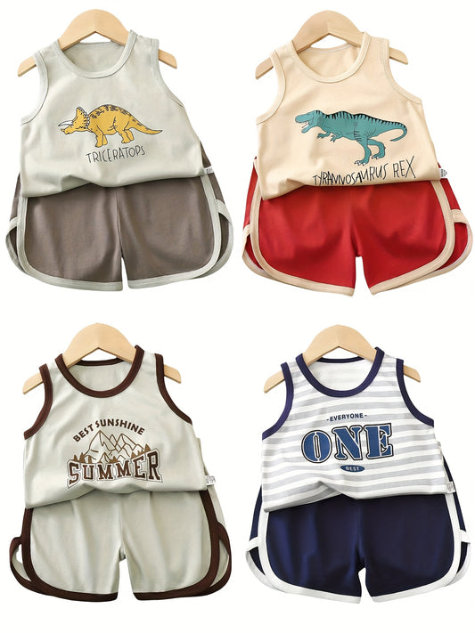 4 Sets Of 8pcs, Cute Cartoon Dinosaur Patterns for Boys, Vest And Shorts Set, Comfortable to Wear, Soft And Breathable. You Can Participate In The Surprise When Purchasing. Randomly Select One Customer And Get One Set As A Gi