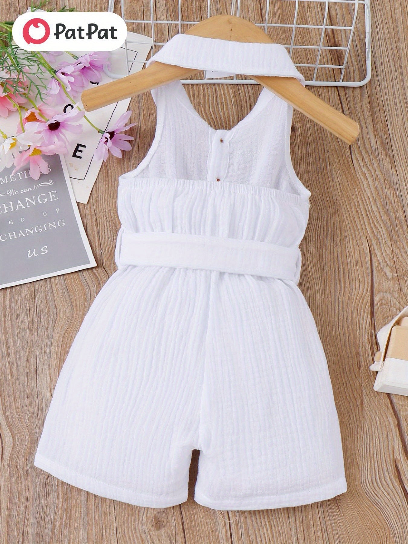 PatPat Baby Girl Front Buttons Belted Lapel Neck Strappy Ribbed Summer Backless Jumpsuits, for Outdoor