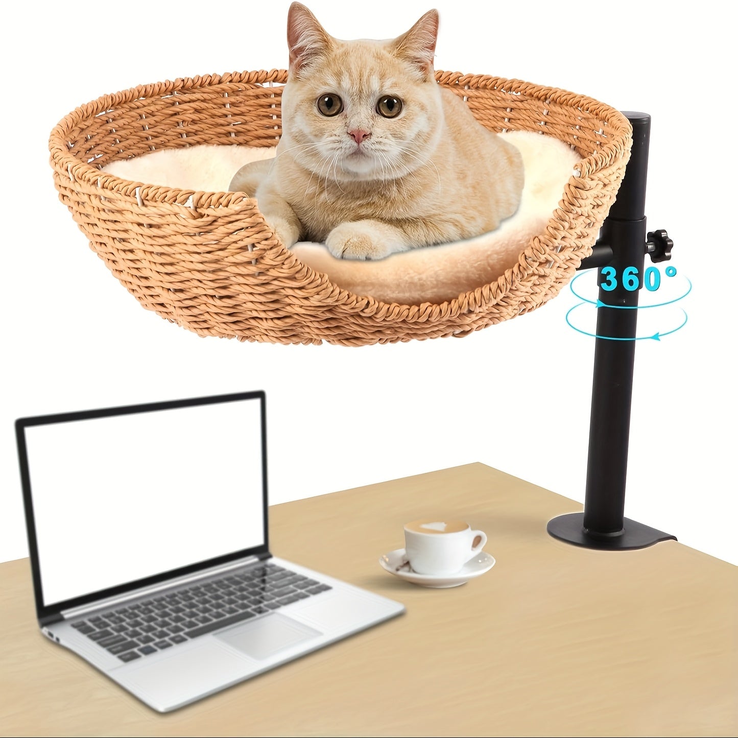 Adjustable Height 360 Degree Rotating Cat Desk Bed Hammock with Removable Shelf and Mats