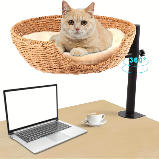 Adjustable Height 360 Degree Rotating Cat Desk Bed Hammock with Removable Shelf and Mats