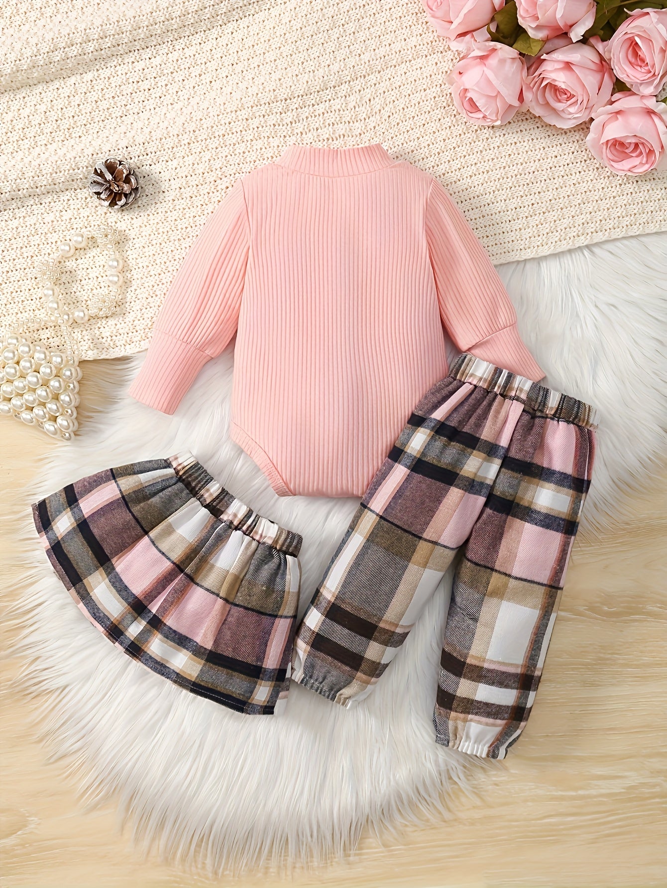 Baby Girl Velvet Embroidered Set With Plaid Skirt And Pants