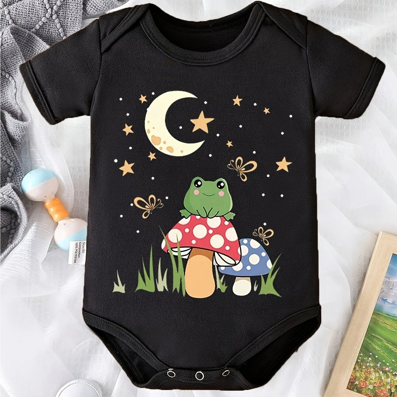 Cute Frog and Moon Cartoon Print Baby Romper for Boys Soft Cotton Summer Wear