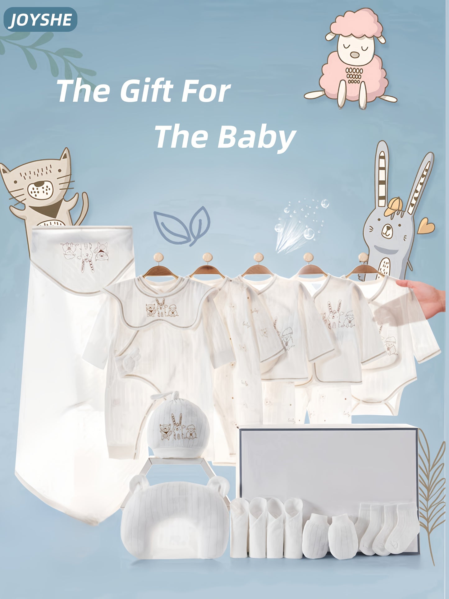 Newborn Bodysuit + Baby Essential Set Of 22 Items, Includes 5 Outfits + Hat + Lace Bib + Pillow + Gloves + Socks + Swaddle Blanket + Washcloths, Spring & Summer Baby Bodysuit Set, Perfect Newborn Gift And Must-Have Essentials