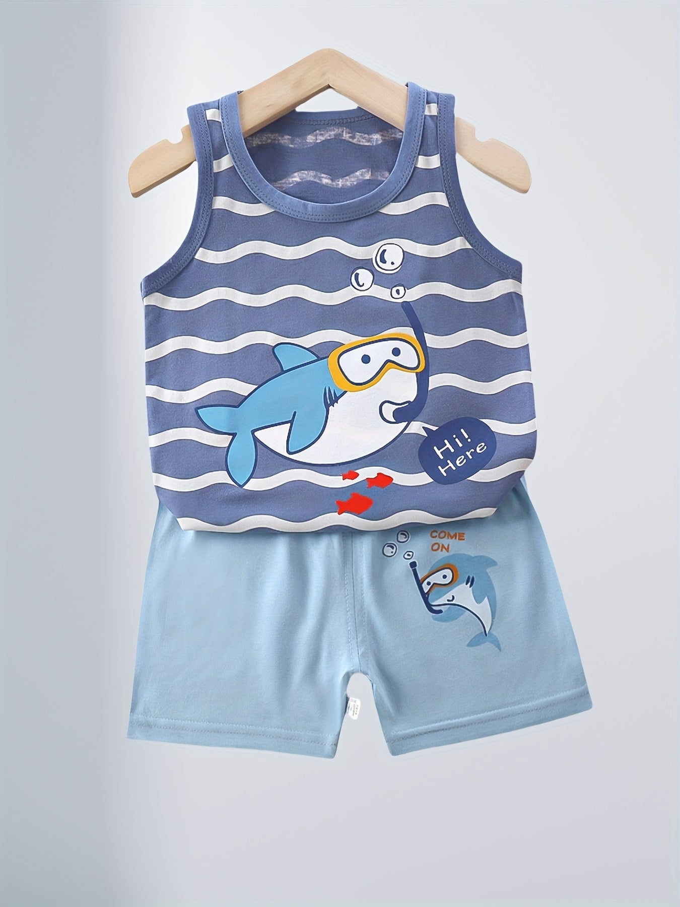 DinoFun Cartoon Dinosaur Sleeveless Shorts Set – Soft and Breathable Comfort for Boys