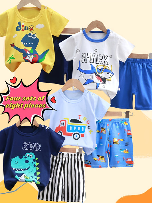 [Summer Baby Suit] Eight-piece Set New Summer Baby Short Sleeve Suit | Four Sets, Pure Cotton Material, Dinosaur Car Print, Comfortable And Breathable, Best Gift For Children