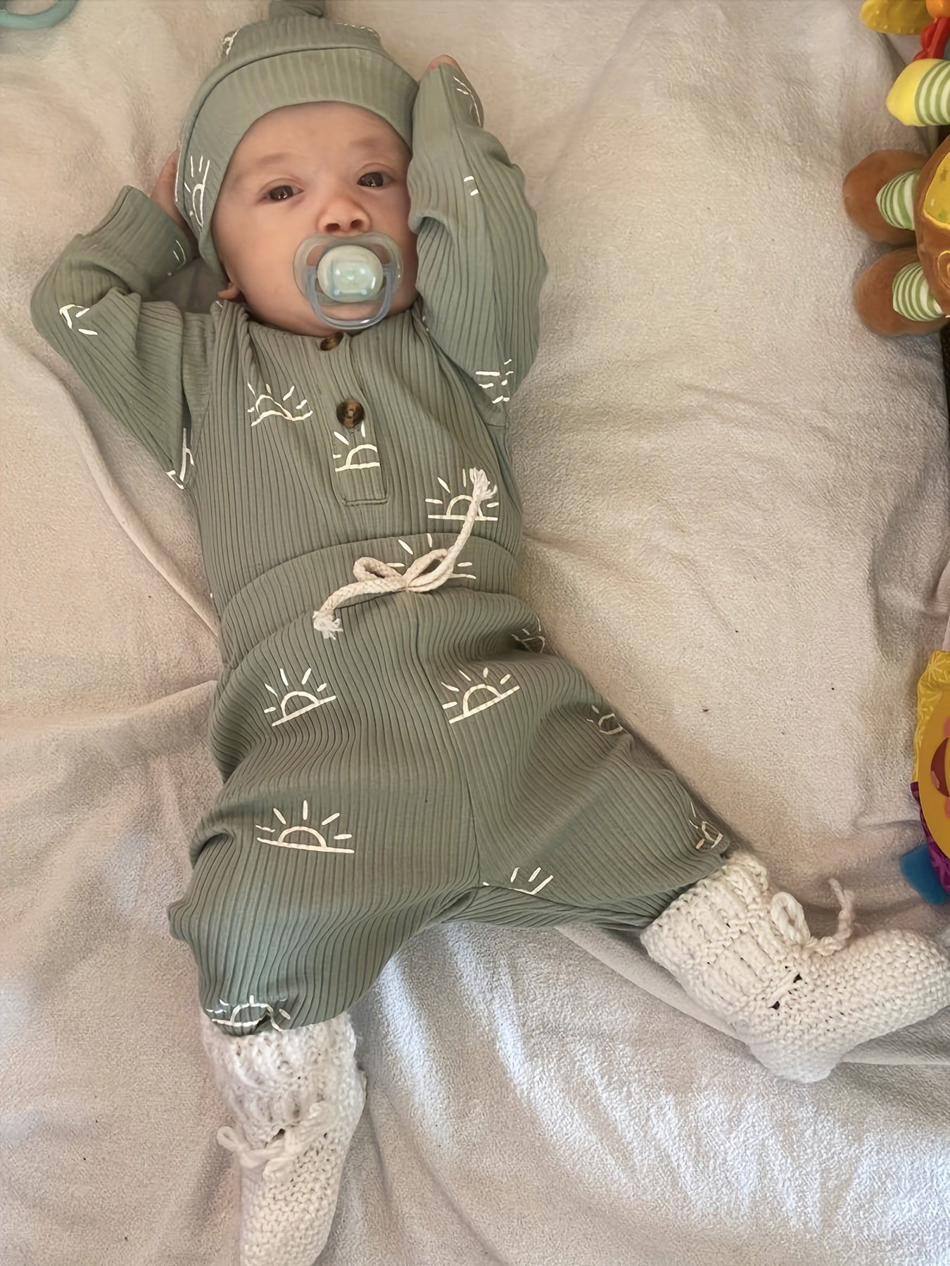 KuKitty Baby Boys Clothes Newborn Ribbed Long Sleeve Romper With Sun Pattern Pants Hat Outfits Set