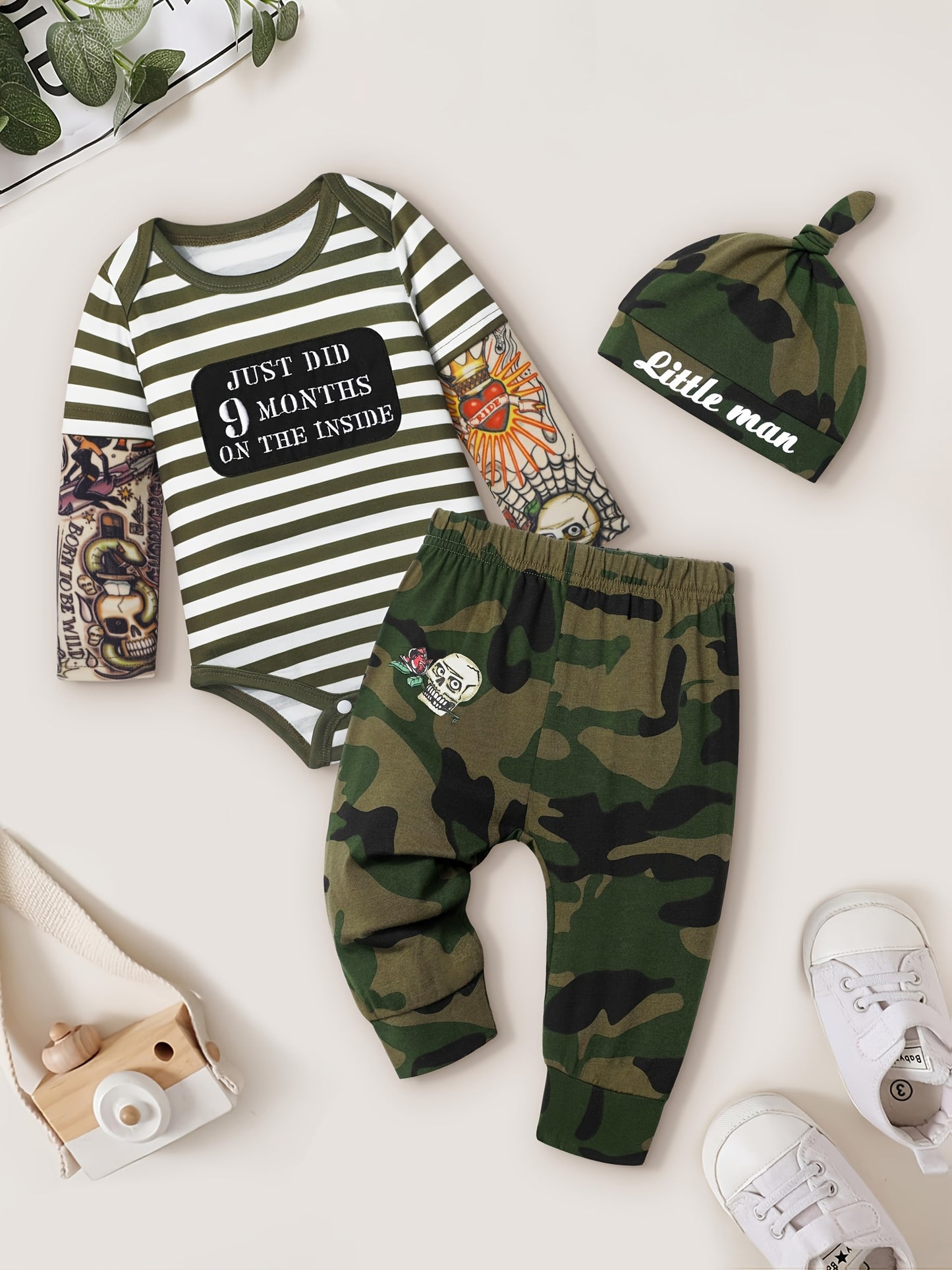 Newborn Baby Boy Tattoo Print Striped Romper Set With Black Pants Three Piece Outfit