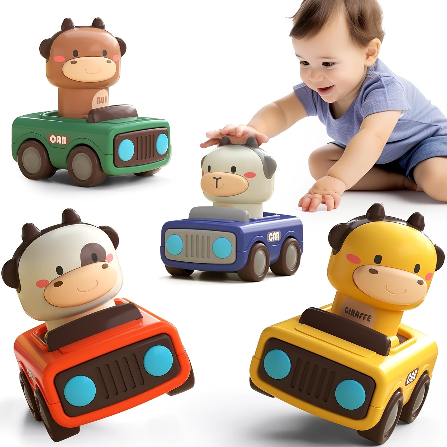4 Sets Push to Go Inertia Animal Cars for Kids Ages 1 to 3 Interactive Toy Gift